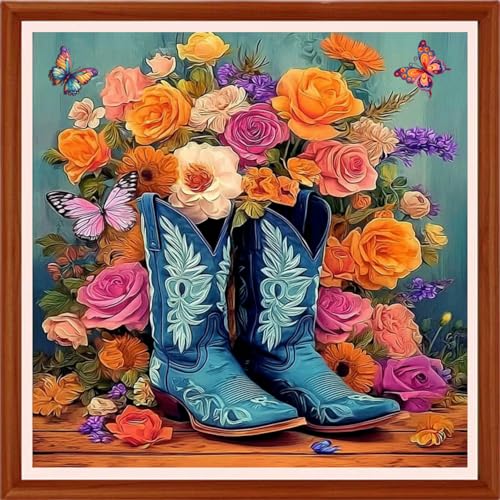 Image of Hopeart Stamped Cross Stitch Kits for Beginner Embroidery Kits for Beginners Adults DIY 11CT Cross Stitch Patterns Needlepoint Kits Crossstitching Kits-Colorful Floral Boots 18x18 inchs