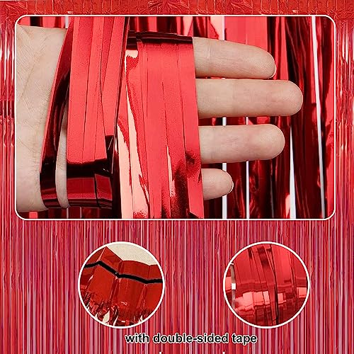 Image of 2 Pack 3.28 ft x 6.56 ft Red Tinsel Curtain Party Backdrop - Metallic Foil Tinsel Fringe Backdrop Door Fringe for Halloween, Christmas, Birthday Graduat