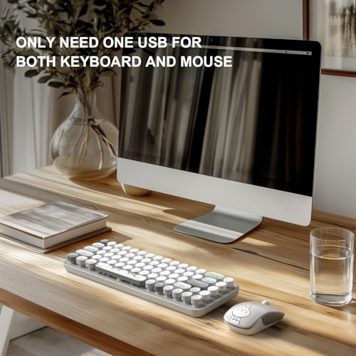Image of FOPETT Wireless Keyboard and Mouse Cute Mouse and Keyboard 2.4G Wireless Keyboards with Colorful 68 Keys Typewriter Retro Round Keycap for PC, Laptop,Tablet,Computer Windows - Grey Colorful