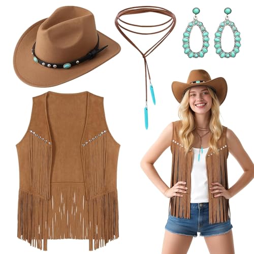 UxClishe Lot de 4 accessoires de cowgirl occidentale pour femme, déguisement hippie des années 70 avec gilet à pompons, chapeau, boucles d'oreilles et...