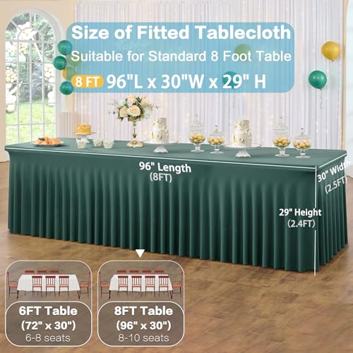 Image of 3 Pack Hunter Green Spandex Tablecloth for 8 Foot Rectangle Tables, Wrinkle Free Fitted Table Cloth Cover 8ft Green Stretchy Tablecloths with Skirt for Parties Weddings Birthday Banquet Baby Shower