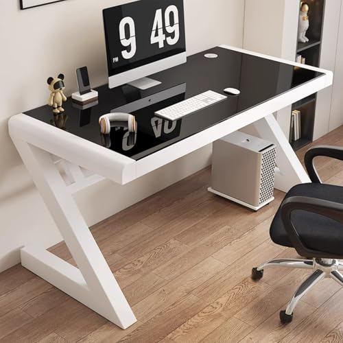 DEOPXF パソコンデスク デスク Z字型の脚 クロスバー補強 高温塗装フレーム 頑丈で耐久性があります 耐荷重500kg ゲーミングデスク 机 pcデスク 6MM厚強化ガラステーブルトップ 耐摩耗性と耐傷性 防水性と耐火性 お手入れ簡単(黒+白フレーム