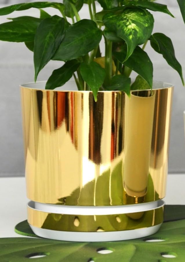KERD Eleganter Blumentopf 12 cm Gold-Weiß, Runder Pflanzkübel für Innen mit Untersetzer, Deko Übertopf aus 100% Recycling-Kunststoff