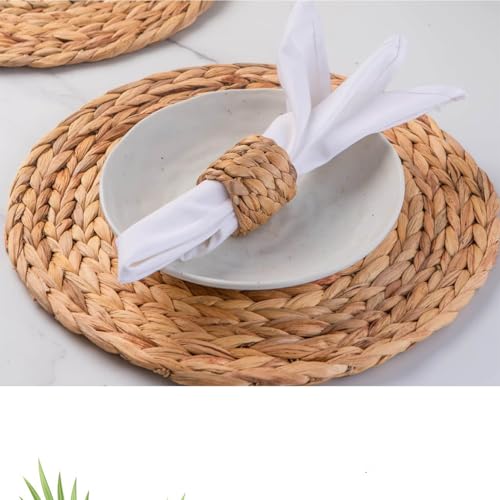 Image of Laquedecraft 11.8 inch Set of 4 Round Water Hyacinth Placemats | Boho Woven Rattan Table Mats | Farmhouse Wicker Spring Plate Chargers Like Corn Husk, Seagrass for Wedding, Party, Christmas, Events