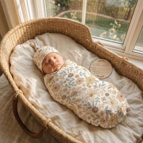 Image of Newborn Receiving Nursery Flower Blanket Baby Swaddle Wrap with Hat Set