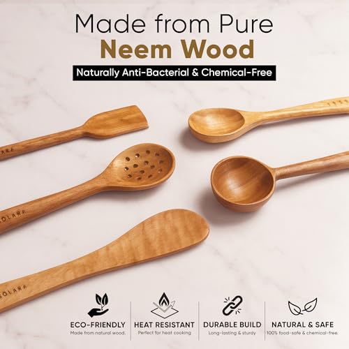 Image of SOLARA Neem Wooden Spatula Set of 5, Spatula Kitchen Tools, WoodenLadle, Spatula Set for Non-Stick Pan, Naturally Antibacterial, Eco-Friendly & Non-Toxic, Ideal for Non-Stick Cookware