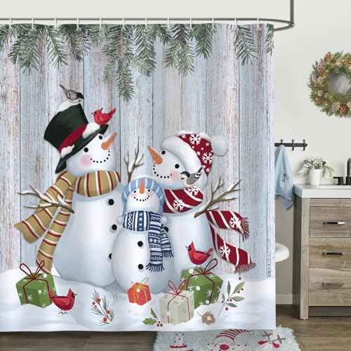 Bonhause Christmas Snowman Shower Curtain, Winter Pine Branches on Wood Board Farmhouse Bathroom Decor 72 x 72 Inch Polyester Fabric Waterproof Bath Curtain with 12 Hooks