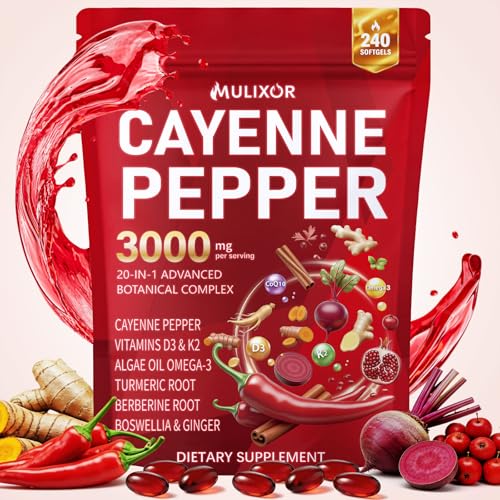 Cayenne Pepper Softgels 20-in-1 Cayenne Pepper Capsaicin Supplements with D3 K2 E CoQ10 Omega 3 Turmeric Beet Root Berberine Supports Circulation & Metabolism 240 Softgels 80-Day Supply