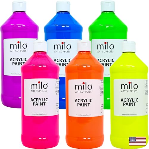 Image of milo Fluorescent Acrylic Paint Set, 6 Neon UV Colors, 32 oz Bottles | Glows in Black Light, AP Certified Non-Toxic, Made in USA, Arts & Crafts Paints for Artists, Student, Hobby Painters, Mixable