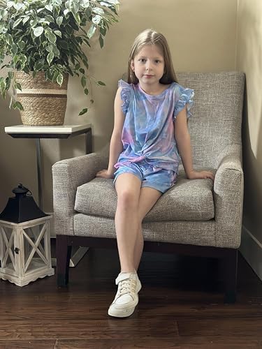 Image of Arshiner Girls Shorts Sets 2 Pieces Outfits Twist Front Ruffle Sleeve T-Shirts and Shorts With Pockets Cute Clothes Sets
