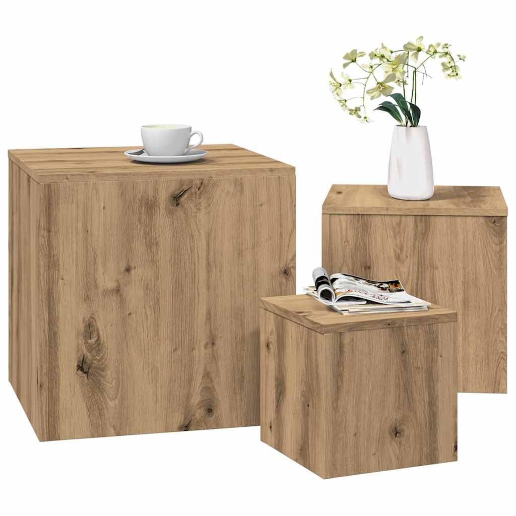 Juego de 3 mesas auxiliares de madera de roble Artisan, con diferentes tamaños, versátiles como mesita de noche, mesa de sofá o mesa de teléfono, para salón, dormitorio, oficina