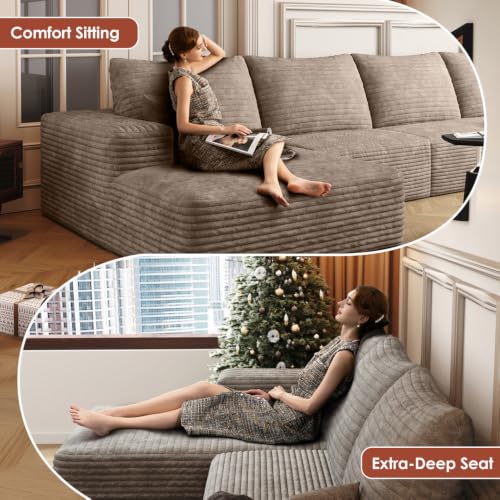 Image of Boneless Couch, Modular Sectional Couches for Living Room, U-Shaped Cloud Couch Sofa with Deep Seat, Fluffy Corduroy Upholstered Corner Sofa
