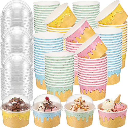 Image of Jingmore 80 Count Paper Ice Cream Cups with Clear Dome Lids Disposable Dessert Cups Bulk Dessert Bowls Sundae Containers for Snack Yogurt Soup Birthday Ice Cream Party Supplies (8 oz)