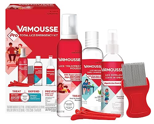 Vamousse PRO Lice Emergency Kit, Includes Lice Treatment Mousse (6 Oz), Daily Shampoo (4 Oz), Repellent Spray (3 Oz), Steel Comb & 2 Clips, for Kids & Adults, Ideal for Daily Use
