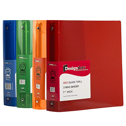 JAM PAPER Plastic 1.5 inch Binders - Assorted 3 Ring Binders (Red, Blue, Green & Orange) - 4/Pack