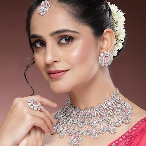 Image of ZENEME Rhodium-Plated American Diamond Studded Tasselled Necklace With Earrings Ring & MaangTikka Jewellery Set For Girls and Women