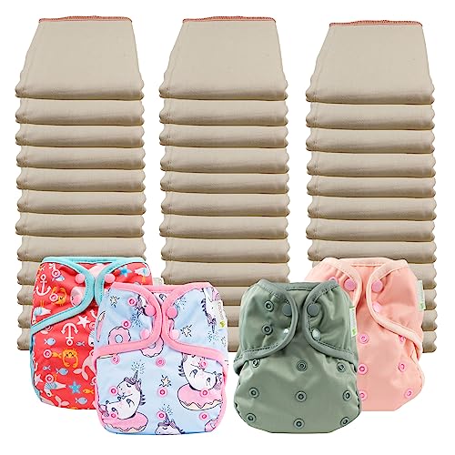 Image of OsoCozy Economy Prefold Package - 3 Dz. Premium 4x8x4 Unbleached Better Fit Prefolds (14-30 lbs) & 4 One-Size Diaper Covers (1 Pewter, 1 Unicorn. 1 Sealife, 1 Pink)