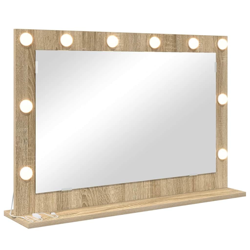 vidaXL Vanity Mirror Rectangular Sonoma Oak 80 x 55 x 18 cm, Elegant Bedroom Mirror, LED Vanity Decor, Contemporary Glass Stand with Warm Lighting, Stylish Reflection Piece for Indoor Use