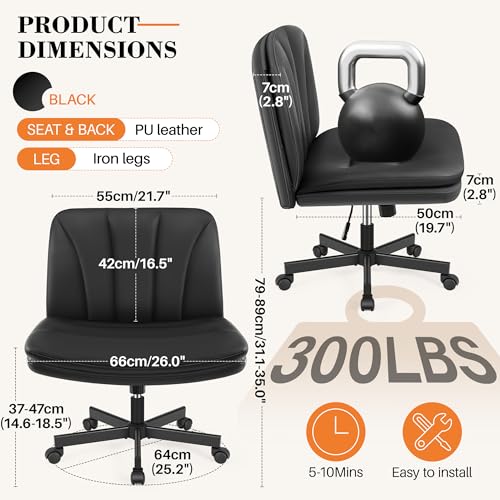 FelixKing Criss Cross Chair with Wheels, Cross Legged Office Chair, Armless Wide Vanity Desk Chair with Comfty PU Leather & Back - Swivel Height Ajustable for Home Office Bedroom, Black