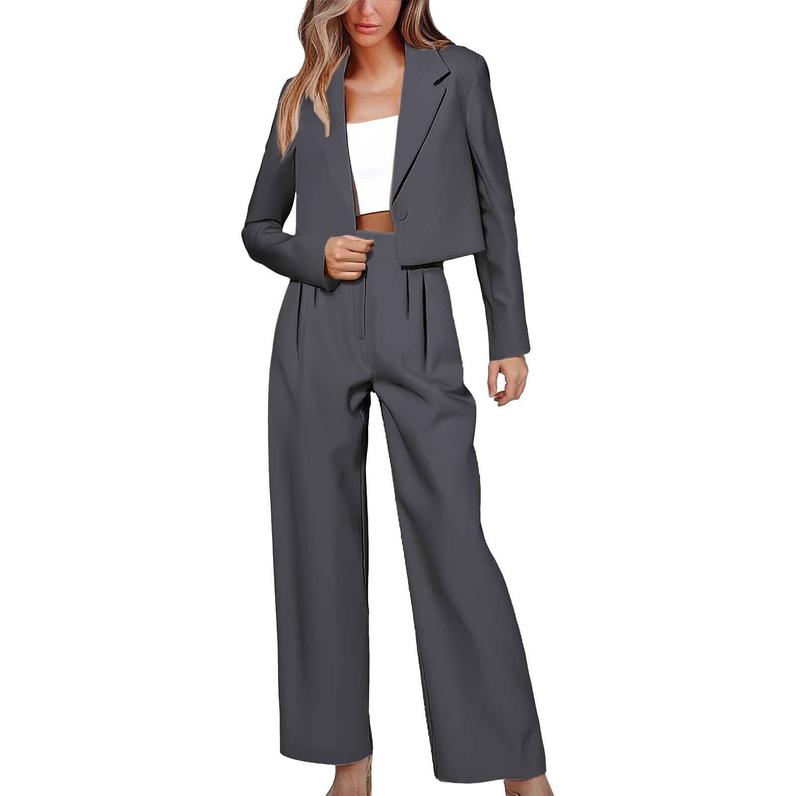 2 Piece Suits for Women Cropped Blazer Jackets Wide Leg Pants Business Casual Office Suit Sets Work Outfits