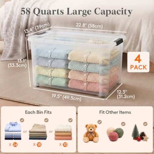 Image of Lifewit 58Qt Storage Bins with Lids, Plastic Large Latches Boxes with Wheels, Clear Totes Tubs Container for Closet Organizers and Storage, Bedroom, Clothes, Craft, 4 Pcs