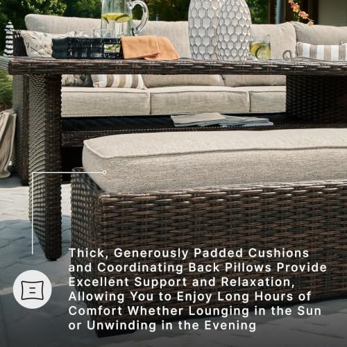 Image of Signature Design by Ashley Brook Ranch Outdoor Sectional, 3-Piece Patio Furniture Set with Rust-Free Aluminum Frame, L Shaped Resin Wicker Couch and Bench for Backyard Entertaining, Beige & Brown
