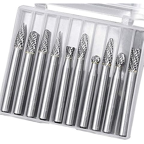 Eyech 10pc Tungsten Carbide Burr Set 1/4" Shank Double Cut Rotary Cutting Burr Set Die Grinder Bits for Steel Metal Wood Woodworking Carving, Polishing, and Engraving Cover