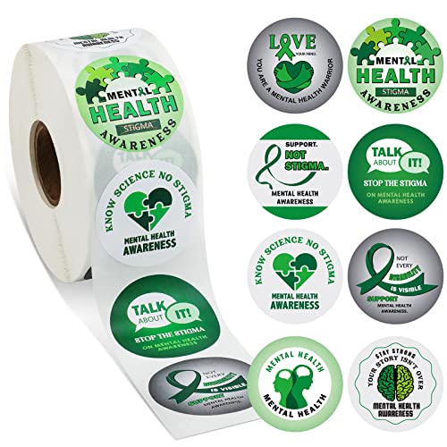 1000 Pieces Mental Health Awareness Stickers Small Green Ribbon Awareness Stickers Mental Health Gifts for Adult Women Men Teens Kids Fundraiser Event Mental Health Handout Supplies, 8 Styles