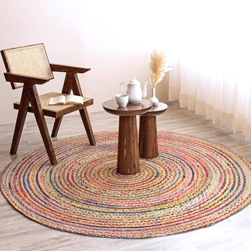 Image of Rounds Jute Carpet - Handwoven Natural Fiber Rug for Living Room, Bedroom, Entryway | Boho Chic Eco-Friendly Area Rug | Rustic Designer Floor Mat:-(Chindi & Jute, 6x6 feet