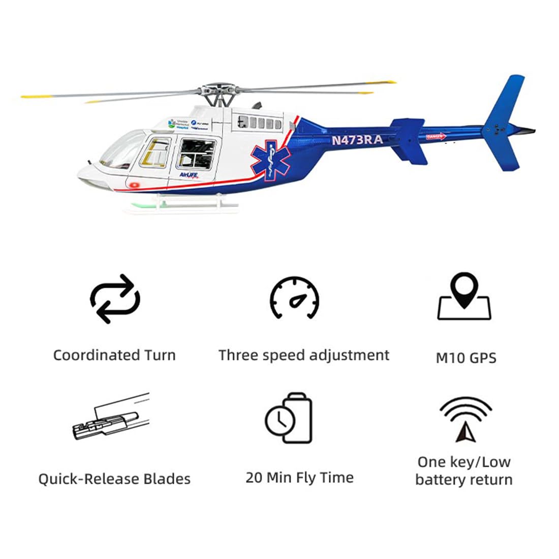FLYWING BELL-407 - Modellino di elicottero radiocomandato, classe 470, 2,4 GHz | Controllo di volo a sei canali "Military ACE" con quattro rotori, GPS e rotori a cambio rapido, versione RTF