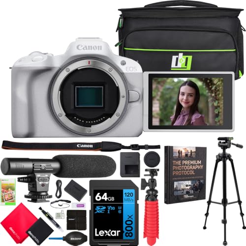 Image of Canon EOS R50 Mirrorless APS-C Interchangeable Lens Camera | Official Canon USA Partner Model | Body White 5812C002 Bundle with Deco Gear Photography Bag + Microphone + Tripod + Photography Guidebook