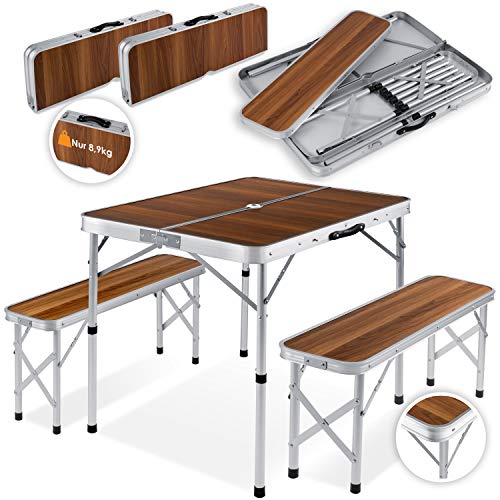 Kesser® - Koffertisch mit 2 Sitzbänke 3tlg Campingmöbel Set Aluminium | Totalmaße geklappt 91x10x34 cm | Campingtisch Klapptisch Picknick | Inkl. Schirmhalterung | Tragegriff | MDF | Klappbar Holz