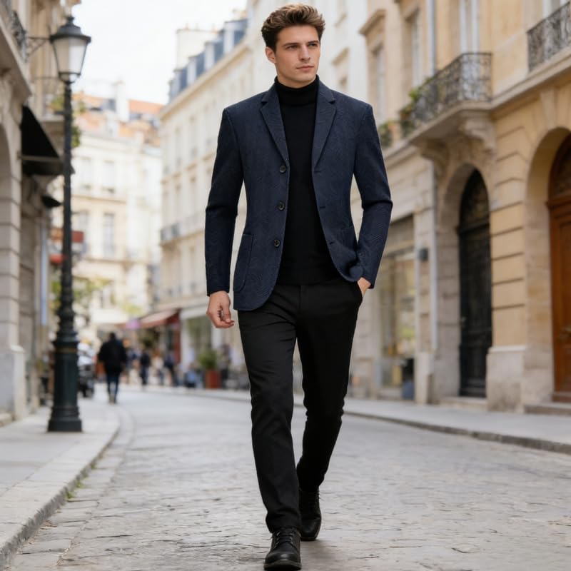 Men's Dress Blazer Herringbone Notch Lapel 3 Button with Pockets for Fall Winter Casual Business Wear