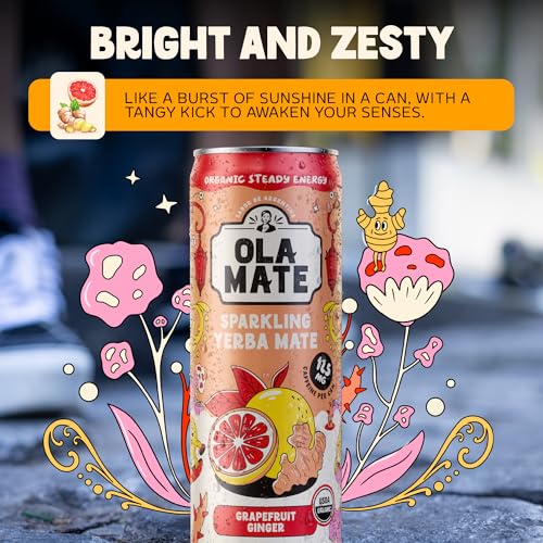 Image of Yerba Mate Energy Drink - Low Sugar Sparkling Tea Cans with Ashwagandha, Lion's Mane, USDA Organic Clean Energy Drink with 125mg Natural Caffeine, Ola Mate Grapefruit Ginger