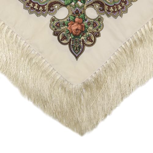 ANKOMINA Women Traditional Floral Print Tassel Scarf Hijabs Retro Boho Russian Style Square Fringe Headscarf Shawl Wraps4