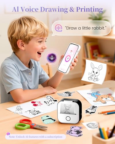 Image of Memoking Mini Thermal Printer - T02 Mini Sticker Printer Print Pod Portable Inkless Printer AI Sticker Maker Bluetooth Photo Printer Instant Print for Study Note, Journal Photos, DIY, Gift, 6 Rolls