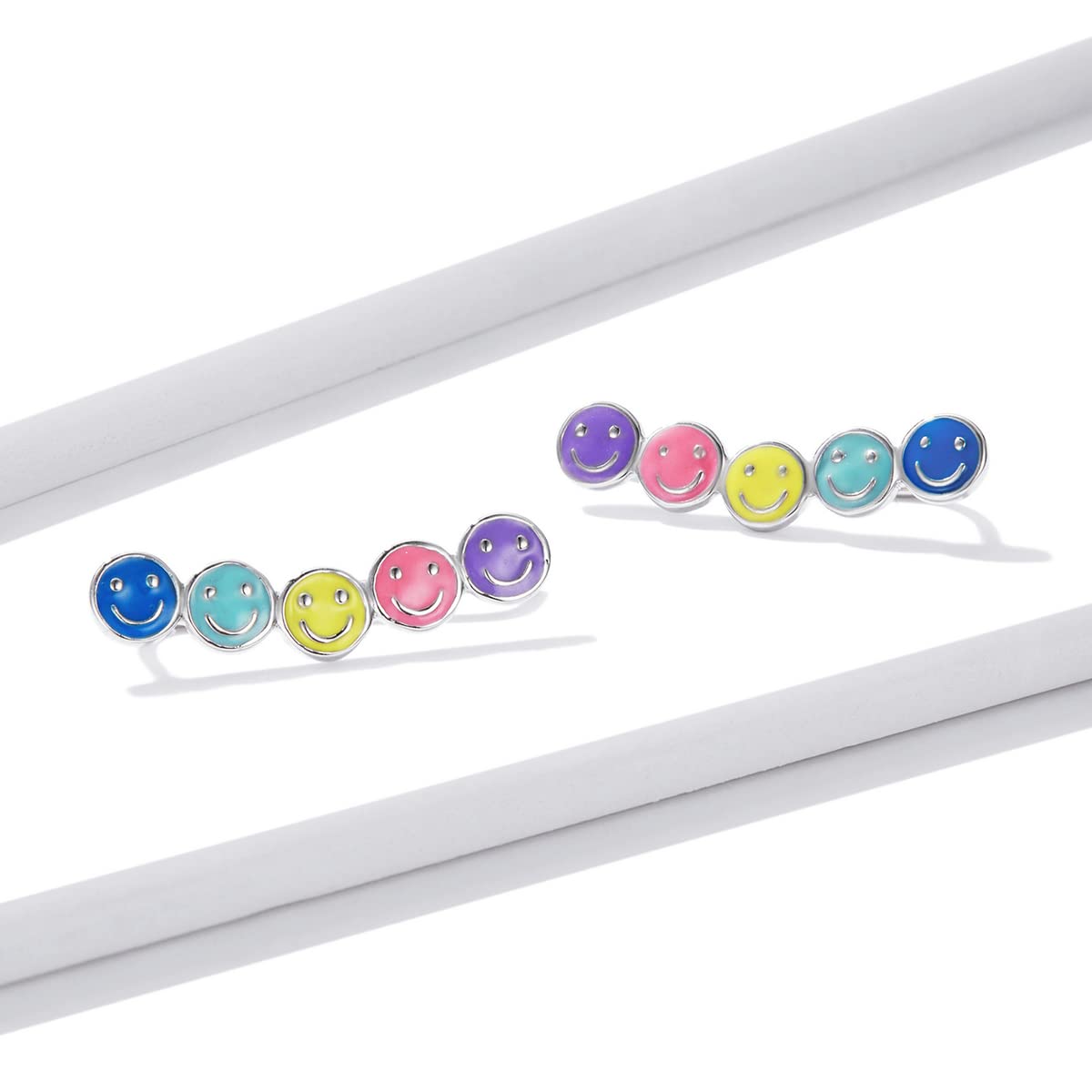 WZGWDC Sterlingsilber-Schmuck, Regenbogen-Emaille-Ohrstecker für Damen, 925er-Sterlingsilber, stapelbar, farbige Ohrringe mit lächelndem Gesicht für Mädchen, Schmuckgeschenk