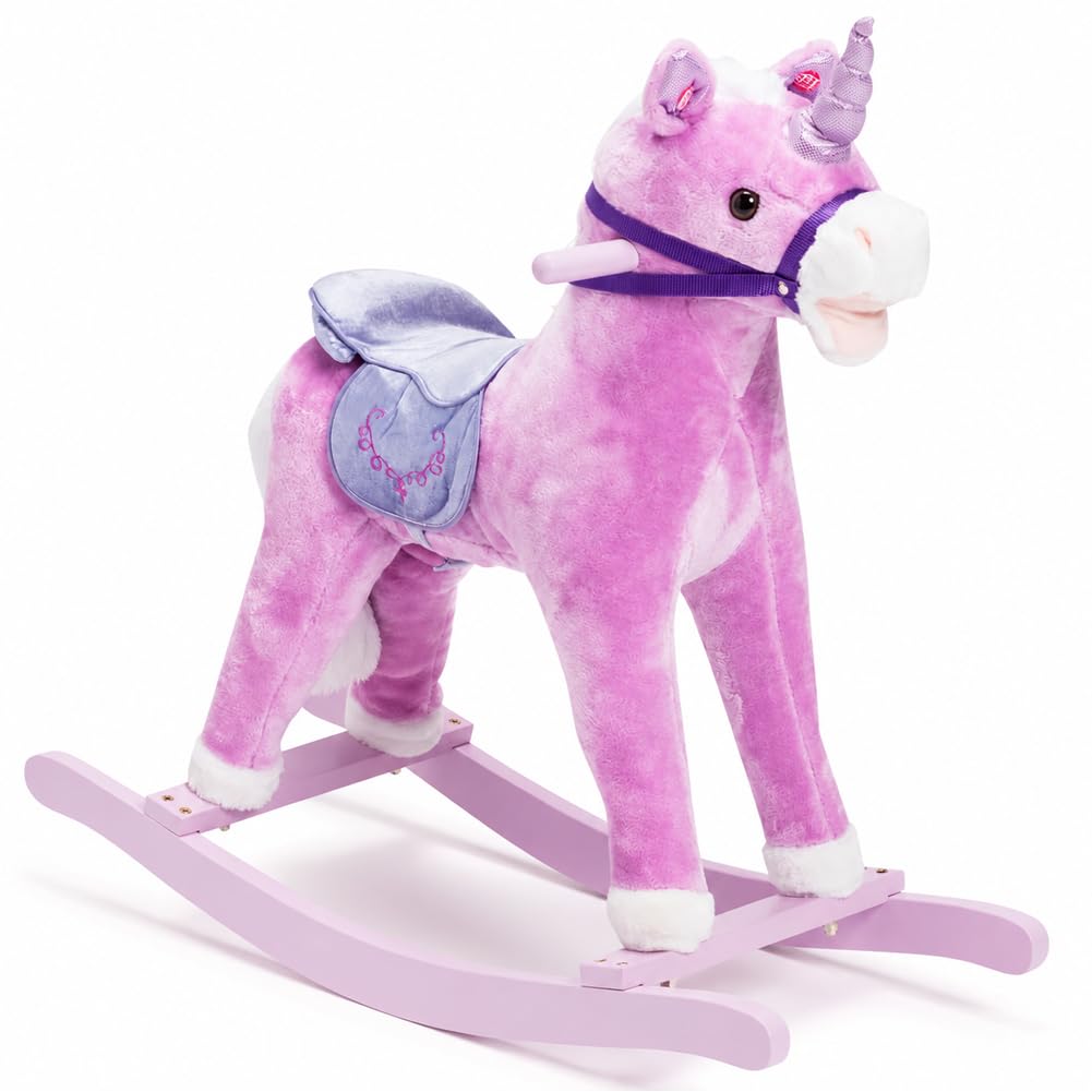 BAKAJI Cavallo a Dondolo per Bambini con Suoni Realistici, Animale che Nitrisce e Muove la bocca Struttura in Legno e Tessuto, Unicorno Peluche Rosa, Giochi Infanzia