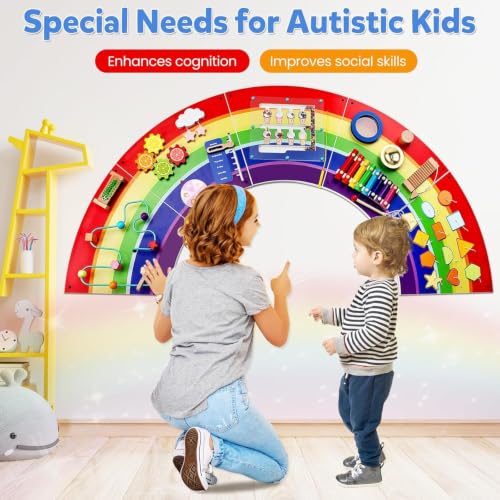 Image of Rainbow Wall Busy Board for Kids: Wooden Montessori Activity Panel | 13-in-1 Sensory Learning Toys for Fine Motor Skills - Playroom & Nursery Essentials for Toddlers