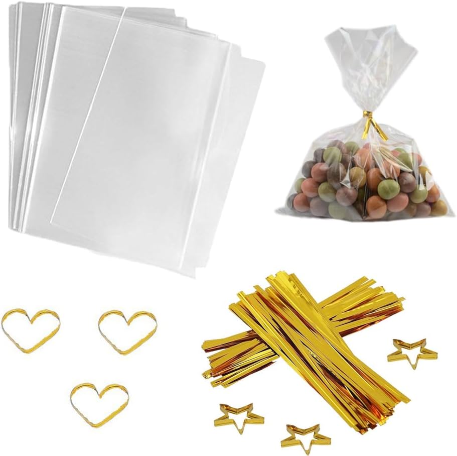 COOLAKEClear Treat Bags 100 PCS 6x8 Inch Cellophane Bag Clear Candy Bags with 100PCS Gold Twist Ties for Wrapping,Packaging Candies,Dessert,Bakery, Cookies, Chocolate,Party Favor