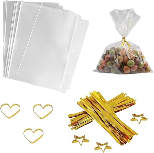 COOLAKE Bolsas transparentes para golosinas 100 unidades 6 x 8 pulgadas bolsas de celofán transparentes con 100 lazos dorados para regalo de boda