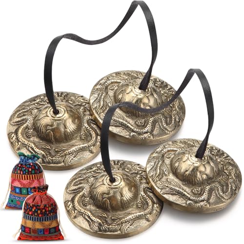 Foilswirl 2 Pcs Tibetan Tingsha Cymbals with 2 Pcs Tibetan Drawstring Cloth Bags Meditation Chime Bells 2.56 Inch Handcrafted Meditation Accessory (2 Dragons with Bell Embossed,Red,Green)