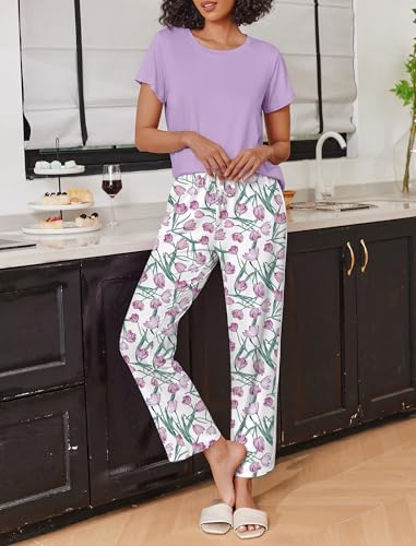 Image of Ekouaer 2 Pack Pajamas for Women Set Short Sleeve Pj Top and Printed Pants | Soft PJs Cozy Printed Lounge Sets Comfy Sleepwear with Pockets