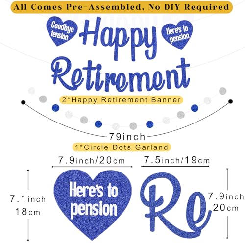 Image of Navy Blue Retirement Party Decorations, Pre-Strung Happy Retirements Banner with Honeycomb Balls, Hanging Swirls, Circle Dots Garland for Happy Retirement Decorations 21pcs