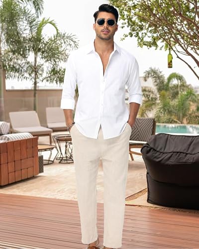 Linen Shirts for Men Casual Button Down Long Sleeve Shirt Solid Summer Beach Hawaiian Shirts4