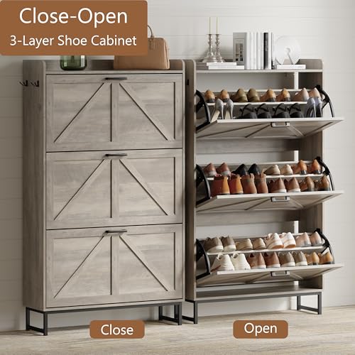 Image of Shoe Cabinet with 3 Flip Drawers, Freestanding Hidden Shoe Storage Organizer for Entryway, Narrow Slim Shoe Rack Cabinet with Open Storage & Hooks for Front Door Entrance, Living Room, Hallway, Grey