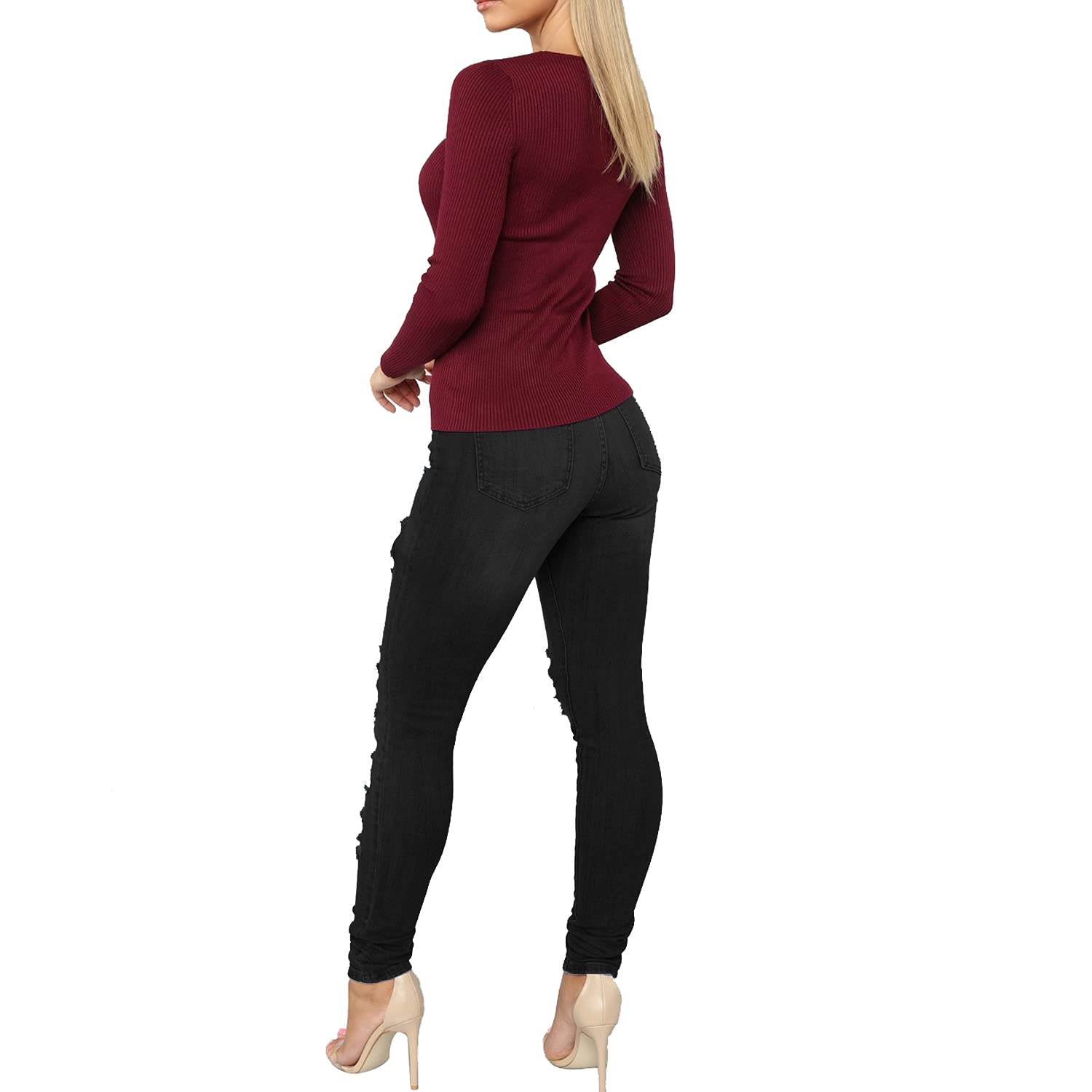 Tulucky Pantalones de mezclilla rasgados ajustados para mujer, estilo novio, cómodos, elásticos, ajustados