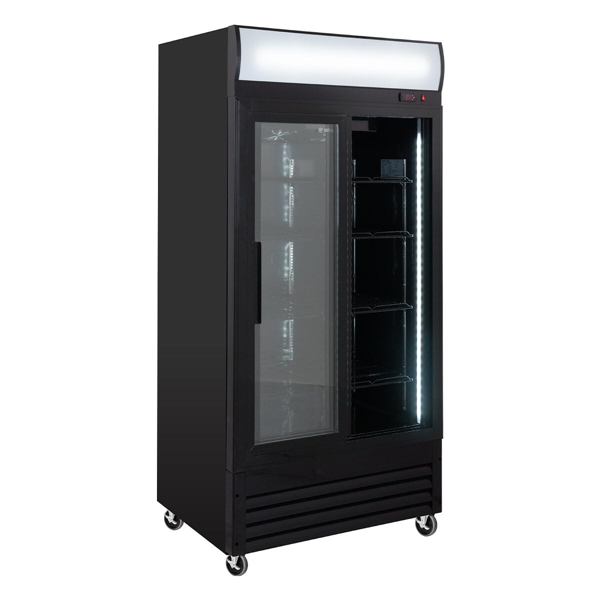 GastroHero Frigorifero per bevande Eco 630 con luce e ante scorrevoli, 8 ripiani regolabili, volume 630 l, porta in vetro, illuminazione interna, nero, per ristorazione e commerciale