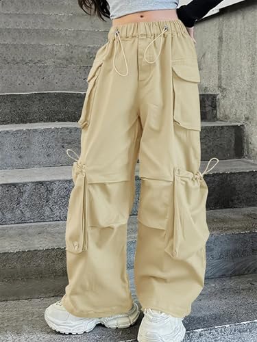 Image of Girls Cargo Pants Wide-Leg Straight Streetwear, 6-14 Years | Elastic Drawstring Vintage Baggy Pants Y2K School Casual