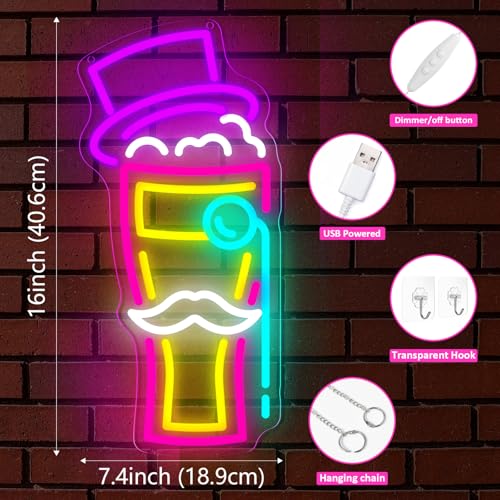 Image of BEER Neon Sign for Wall Decor, Gentleman Neon Bar Signs for Home Bar Pub Party Man Cave Club, Neon Beer Light with Dimmable, Beer Signs Decoration USB Powered with Switch